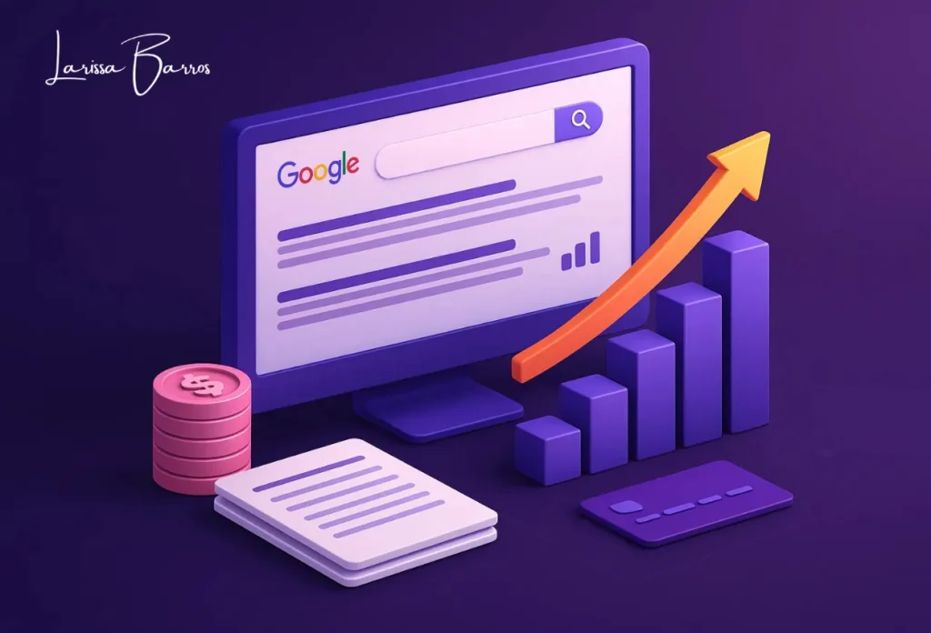 Consultor SEO representado por uma imagem 3D moderna que simboliza investimento digital estratégico e crescimento orgânico sustentável.
